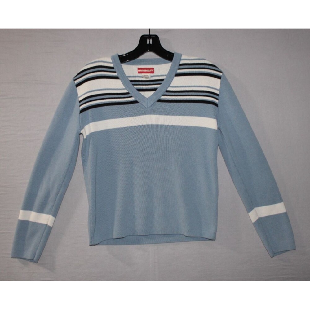 Vintage Unionbay Sweater Large Light Blue Striped V Neck Pullover Rib Knit Y2K